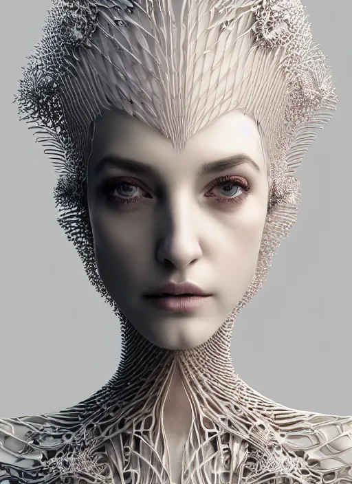 Prompt: complex 3 d render hyper detailed ultra sharp beautiful futuristic stunning biomechanical humanoid woman with porcelain ivory face, medium shot portrait, close - up, iris van herpen cyberpunk daisies corals haute couture filigree lace, headdress with rhizomorph finials spires, brackets, fractal embroidered puffballs, octane render, 8 k