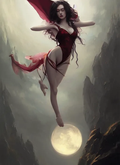 Image similar to desirable vampire girl floating in the air with silk cloth, fantasy, intricate, elegant, highly detailed, digital painting, artstation, concept art, matte, sharp focus, illustration, art by artgerm and greg rutkowski, dreadjim, zeen chin