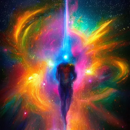 Image similar to highly detailed 8k oil painting of the celestial glowing God of random numbers and infinity quasar, misty, epic composition, neon colors, trending