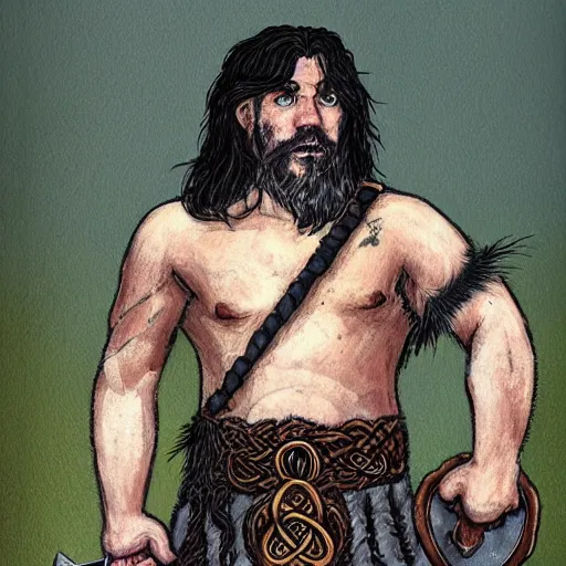 Image similar to full body character design reference art of Eoghaill of the Murine Hordes, a male La Tene Culture Celtic chieftain and warrior, resplendent and proud of bearing, long black hair, hirsute and muscled, wielding a Celtic longsword. Has a rat familiar. high quality, high detail, realistic painting, in the style of: Angus McBride, Rebecca Guay, and Michael William Kaluta. photorealistic light.