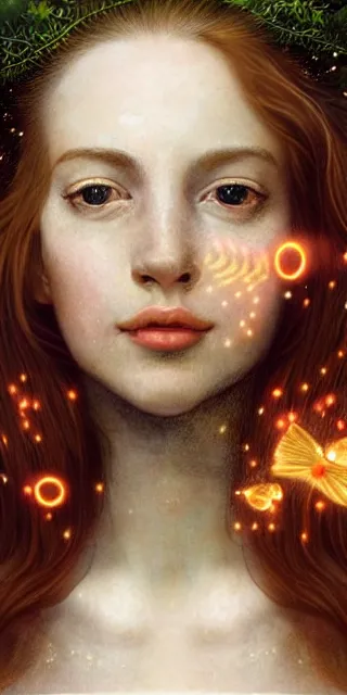 Image similar to infp young woman, smiling amazed, golden fireflies lights, full covering intricate detailed dress, amidst nature, long red hair, precise linework, accurate green eyes, small nose with freckles, oval shape face, realistic, expressive emotions, dramatic lights, hyper realistic ultrafine art by artemisia gentileschi, caravaggio, jessica rossier, boris vallejo