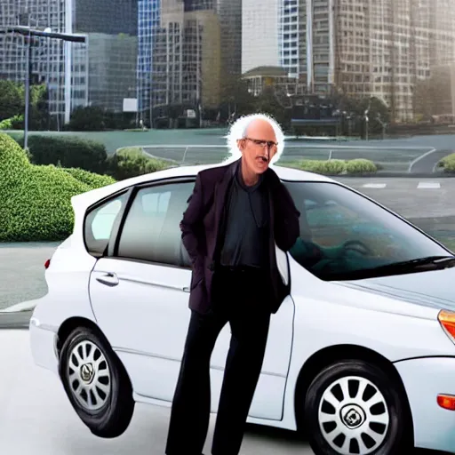 Image similar to larry david standing on a 2 0 0 9 toyota prius vaporwave 9 0 s