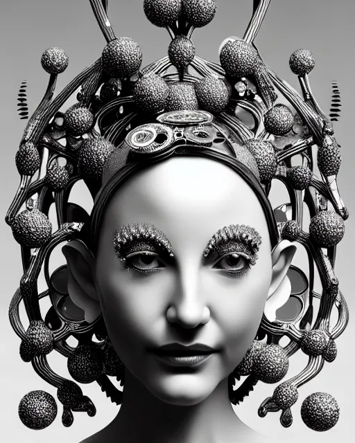 Prompt: mythical black and white organic bio-mechanical spinal ribbed profile face portrait detail of silver mechanical beautiful female angelic-queen-vegetal-cyborg, highly detailed, intricate steampunk flower and diamonds and gemstones ornate, poetic, 3D render, digital art, octane render, 8K artistic photography, photo-realistic, by Dora Maar