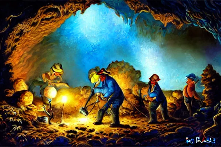 Image similar to portrait of group miners pepe digging deep cave trying to find blue crystals, an oil painting by ross tran and thomas kincade