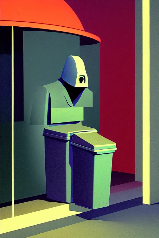Prompt: the trashcan is actually a person, a hacker wearing oculus and digital glitch head edward hopper and james gilleard zdzislaw beksisnski higly detailed