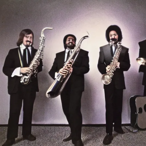 Image similar to 1 9 7 0 s jazz quartet promo photo, fine detailed, photorealistic, portrait