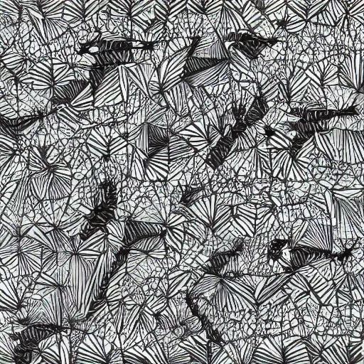 Image similar to a graphical pattern of white wolves into black geese by mc escher, aerial view, scared black geese, angry white wolves, hexagonal pattern, intricate details, screen print, frameless