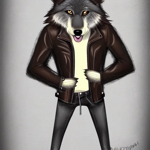 Prompt: award winning beautiful portrait commission of a male furry anthro wolf fursona with a bushy tail and a leather jacket, cute, beautiful, attractive, detailed,