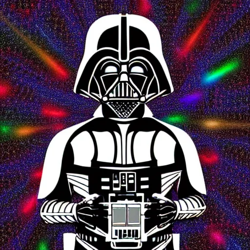 Image similar to artgerm, psychedelic laughing cybertronic darth vader, rocking out, headphones dj rave, digital artwork, r. crumb, svg vector