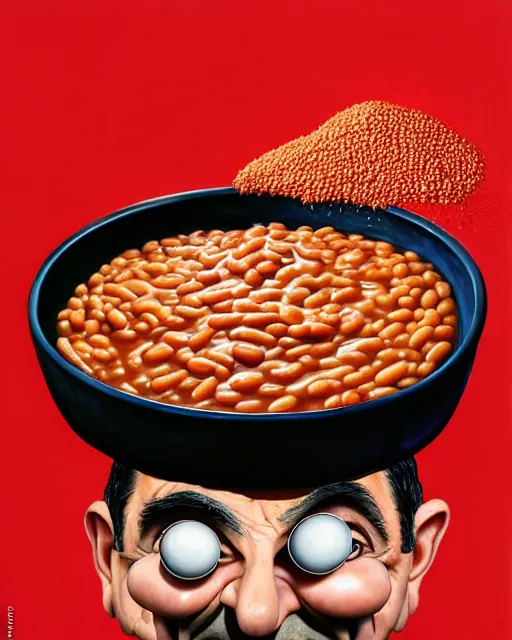Image similar to portrait of mr bean's face in a bowl full of baked beans, face covered in beans and tomato sauce, beans in his eyes sockets, pile of beans on his head, baked beans instead of his eyes, mouth wide open and full of baked beans, overflowing with baked beans, rowan atkinson, muted colors, surrealist oil painting, highly detailed