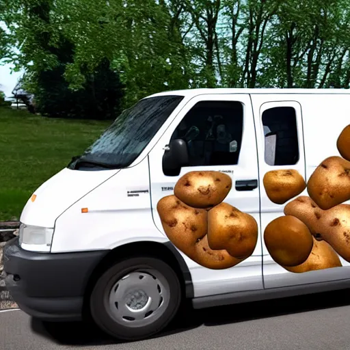 Prompt: ellen degenerates driving a potato van filled with mailmen in pittsburgh real life, 8 k, 4 k uhd, realistic, hyper realistic, super detailed, very detailed, detailed