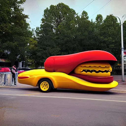 Image similar to very weird, very wrong concept of the Oscar Mayer Wienermobile on the street, photograph