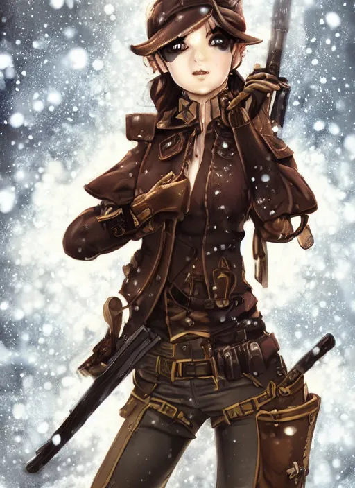 Prompt: girl with steampunk weapons and uniform, serious, intense, finely detailed, made by artgerm, ross tran, full body portrait, illustration, snow, snowing, cloudy, anime, side view, perfect anime face, realistic face, zoomed out, smooth, brown eyes, high waisted shorts, sharp focus