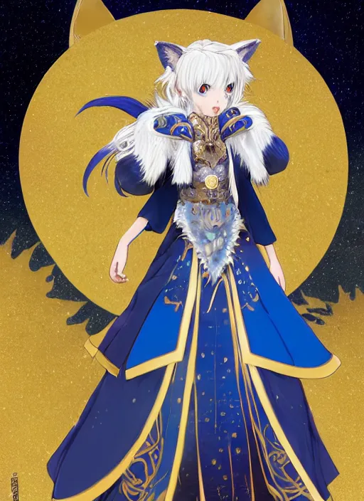 Prompt: commissioned full body portrait of a female anthro wolf princess fursona with a furry wolf head and white hair wearing a blue and gold Japanese armored dress in a white and gold palace on a starry night with a large crescent moon, by a professional manga illustrator, Stanley Artgerm Lau, WLOP, Rossdraws, James Jean, Andrei Riabovitchev, Marc Simonetti, and Sakimichan, trending on artstation