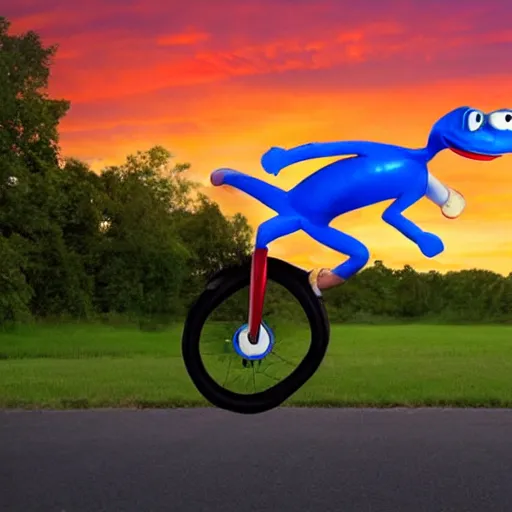 Prompt: Geico gecko riding a unicycle at sunrise