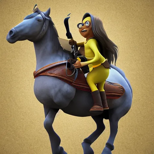 Image similar to minion riding a horse, 3 d digital art