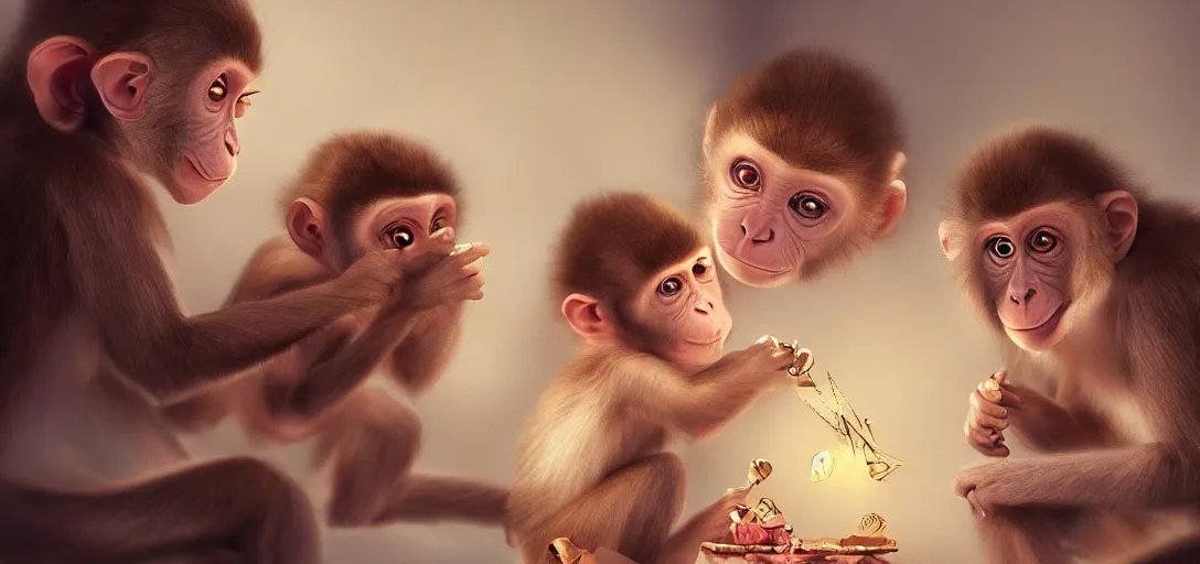 Prompt: two cute monkeys playing with diamonds, fairies and scissors, details, smooth, sharp focus, illustration, realistic, cinematic, artstation, gold, ornate, award winning, original modern artwork, rgb ethereal lighting, 8k