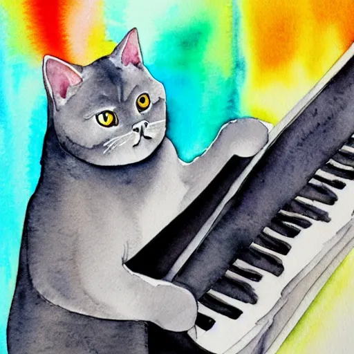 Prompt: grey british shorthair cat sitting playing piano keyboard with abstract musical note background detailed watercolor painting 4 k