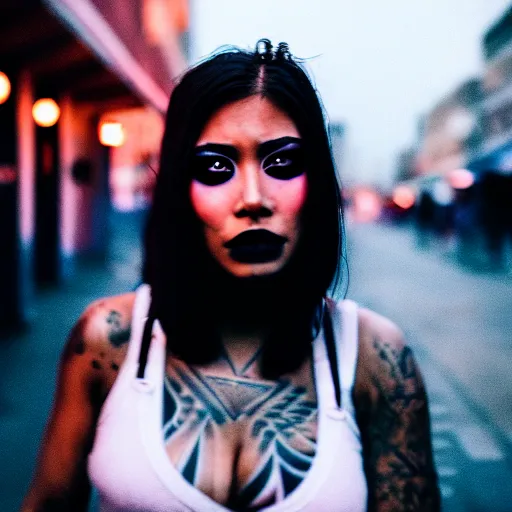 Image similar to Cinestill 50d candid photography of a city on fire, extreme wide shot a techwear mixed woman wearing thick mascara and dark glitter makeup crying outside of a city on fire, tattoos, extreme long shot, full shot, blurry, 4k, 8k, hd, full color