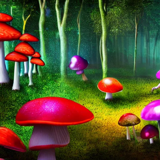 Image similar to a magical forest of brightly colored mushrooms and forest creatures dancing in the rain, fantasy landscape, 4 k, 3 d