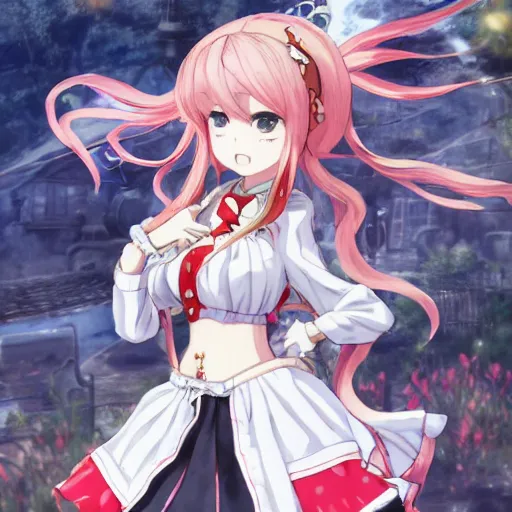 Prompt: junko enoshima, character design by Akihiko Yoshida in the style of Atelier Lulua, KyoAni, Granblue Fantasy, background art by Krenz Cushart in the style of Atelier Firis, Space Dandy, K-ON, illustration by Masamune Shirow in the style of Shining Resonance, Guilty Crown, Last Exile