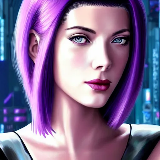 Image similar to A combination of Grace Kelly's and Katheryn Winnick's and Ashley Greene's faces with short violet hair and long winged eyelashes as Motoko Kusanagi from Ghost in The Shell, cyberpunk style, synthwave aesthetic, fantasy, intricate, elegant, highly detailed, digital painting, artstation, concept art, matte, sharp focus, illustration, half body portrait, anime style, art by Artgerm and Greg Rutkowski and Alphonse Mucha