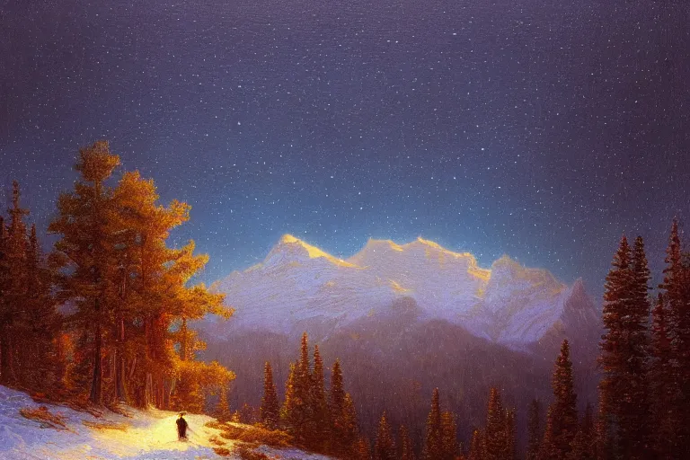 Prompt: mountains, trees, beautiful nature, winter, night, stars, very detailed, focused, cinematic lighting, oil painting, colorful, canvas, artstation, Sydney Mortimer Laurence, Albert Bierstadt