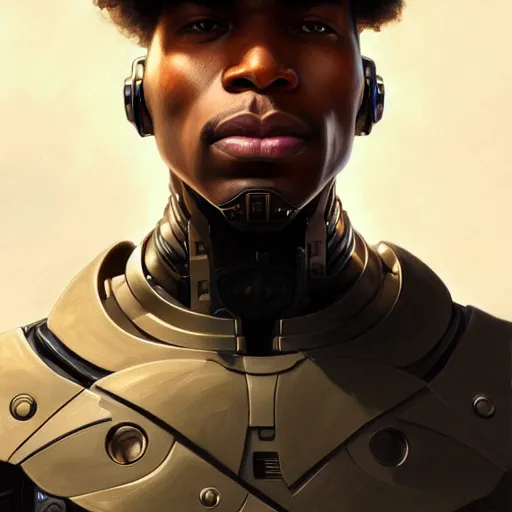 Image similar to ultra realistic illustration, a african american male cyborg soldier, intricate, elegant, highly detailed, digital painting, artstation, concept art, smooth, sharp focus, illustration, art by artgerm and greg rutkowski and alphonse mucha