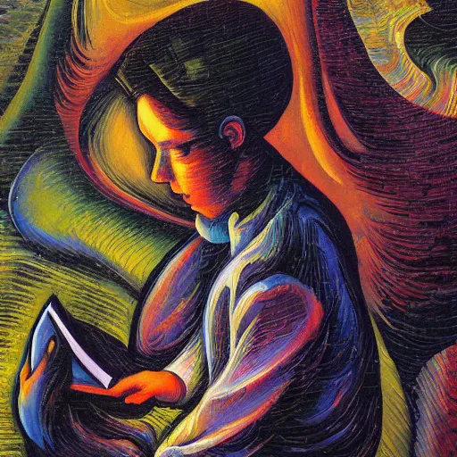 Prompt: a girl reading a book, surreal by dan mumford and umberto boccioni, oil on canvas