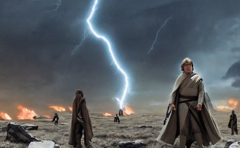 Image similar to screenshot portrait of Luke Skywalker in a windy lightning battlefield with scattered ruins of a fiery jedi rock temple, surrounded by giant AT-AT walkers, with young jedi army behind him, iconic scene from 1970s film by Stanley Kubrick, last jedi, 4k HD, cinematic lighting, beautiful portrait of Mark Hammill, moody scene, stunning cinematography, mcu effects, anamorphic lenses, kodak color film stock