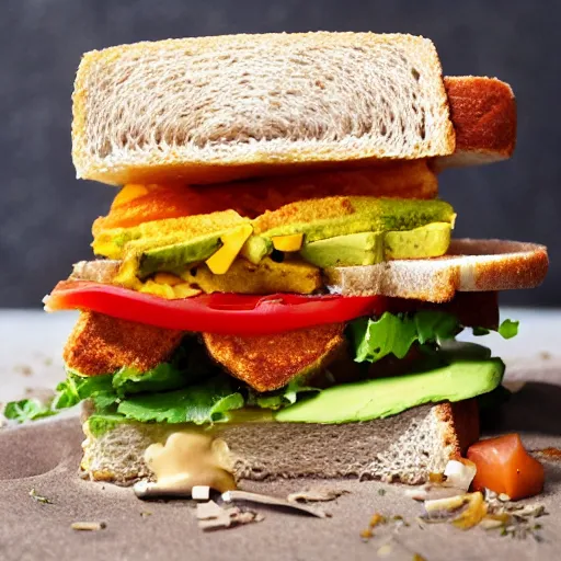 Image similar to everything made of sand, sandwich with fried tofu, one red tomato slice, mayo, onion, avocado, melted cheddar, red dish, background : jupiter and stars in the sky