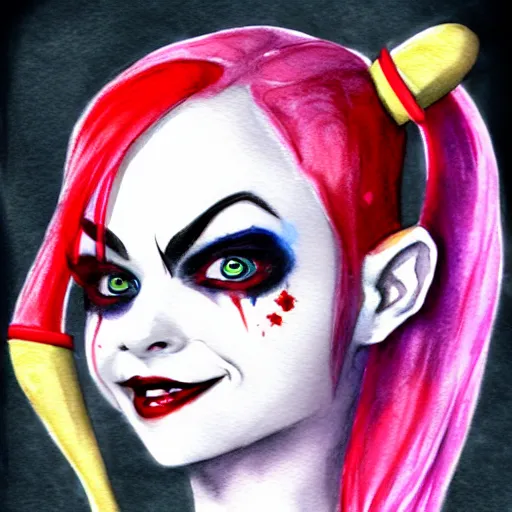 Prompt: harley quinn as an adorable vampire fairy, 8 k resolution watercolor pencil drawing, cinematic lighting, deviantart artstation