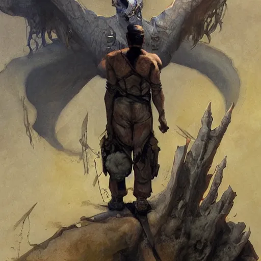 Image similar to a soldier with his back to the viewer, looks up to a giant demoness, by jon foster