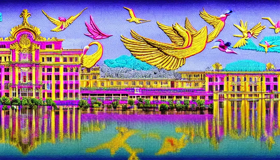 Prompt: HDR high resolution HD sharp 8x. building along a river, seen from the long distance. maximalist paper and baroque embroidery fabric collage. huge flamish baroque birds flying. childrenbook illustration in interesting unusual pastel tones. matte background.