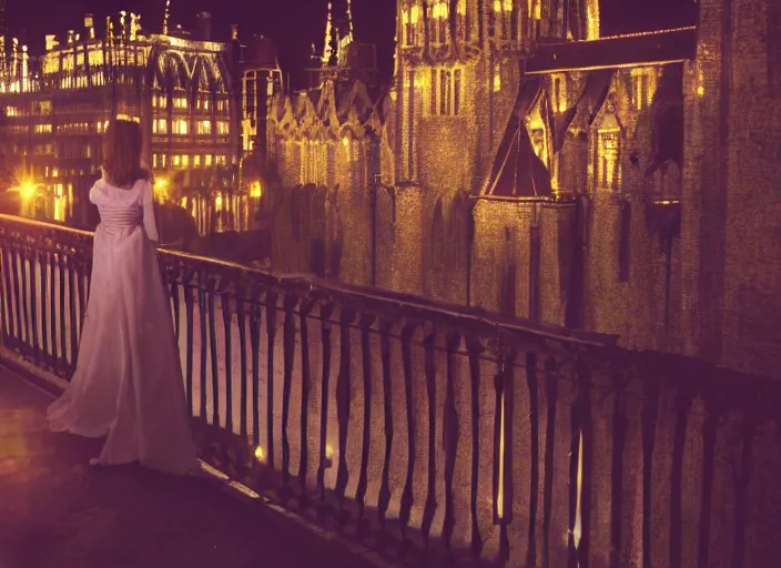 Image similar to a beautiful queen stands on a balcony overlooking a fantasy medieval gothic city at night, glow rays, 3 5 mm photography