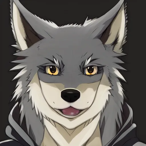 Image similar to key anime visual portrait of an anthropomorphic anthro wolf fursona, in a jacket, with handsome eyes, official modern anime art