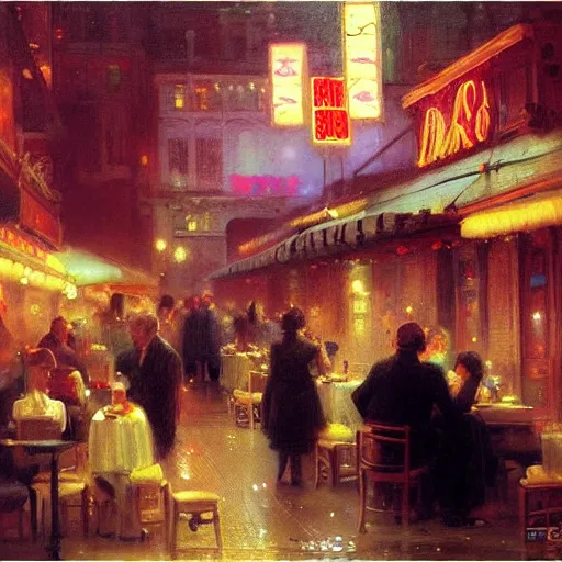 Prompt: The bustling restaurant by Delphin Enjolras and WLOP