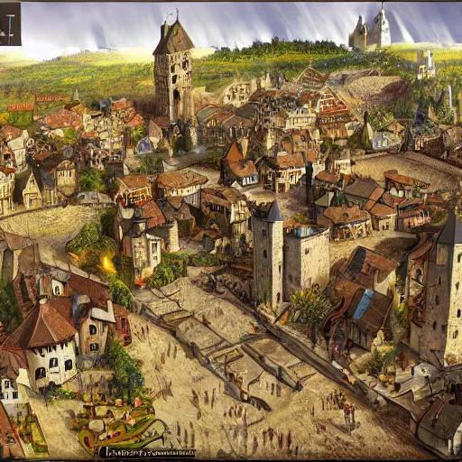 Image similar to human fantasy medieval town with people, trending on artstation