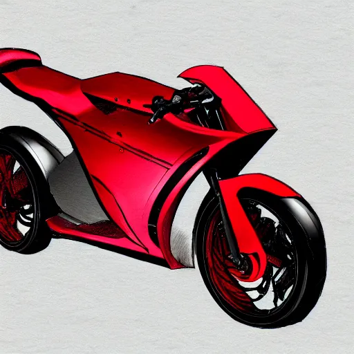 Image similar to drawing of next Gen prototype concept innovative award winning red motorcycle, minimalism, Japanese engineering, blade runner style, 3d