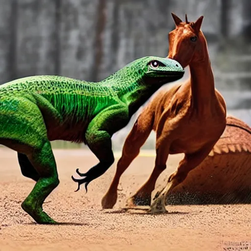 Image similar to a realistic photo of a green velociraptor boxing a brown horse