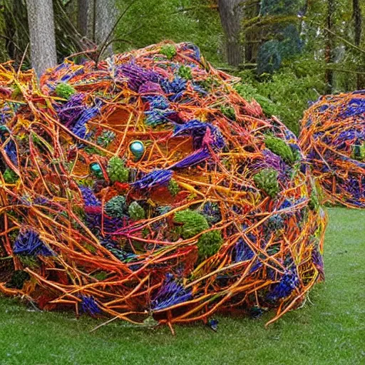 Image similar to A beautiful photograph of a space battle with wild, bright colors. by Patrick Dougherty tired