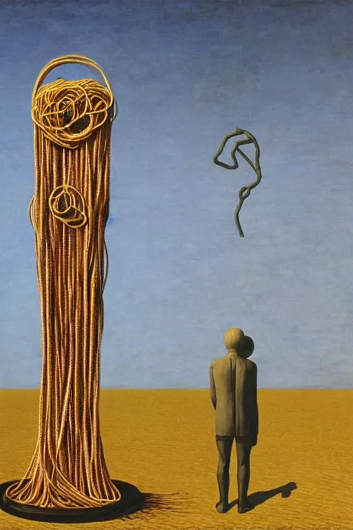 Image similar to A Monumental Public Sculpture of a 'Cyborg made of spaghetti with a Portal in its stomach ' on a pedestal by the Sea, surreal oil painting by Rene Magritte and Max Ernst shocking detail hyperrealistic!! Cinematic lighting