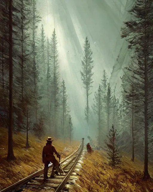 Image similar to a highly detailed epic cinematic concept art CG render digital painting artwork: Railroad worker in Siberian forest. By Greg Rutkowski, in the style of Francis Bacon and Syd Mead and Norman Rockwell and Beksinski, open ceiling, highly detailed, painted by Francis Bacon and Edward Hopper, painted by James Gilleard, surrealism, airbrush, Ilya Kuvshinov, WLOP, Stanley Artgerm, very coherent, triadic color scheme, art by Takato Yamamoto and James Jean