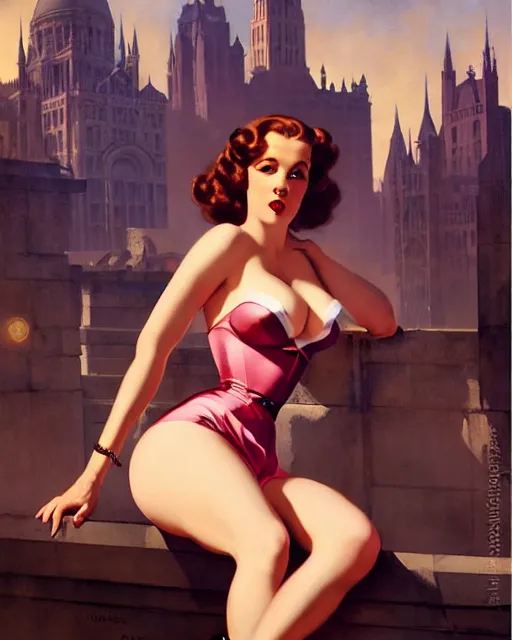 Image similar to pinup photo of hermione jean granger in the crowded square of the city, by greg rutkowski, gil elvgren, enoch bolles, glossy skin, pearlescent, very coherent, flat