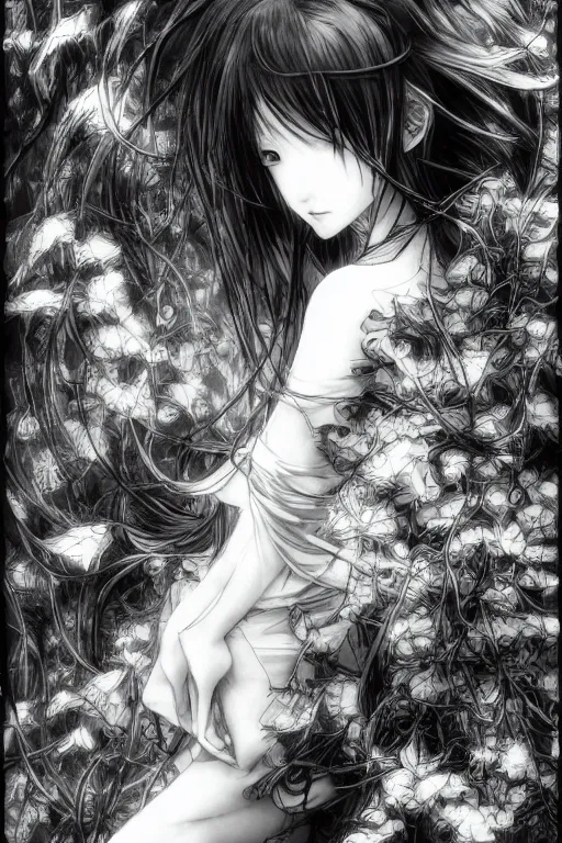 Prompt: a vertical portrait of a character in a scenic environment by Yoshitaka Amano, black and white, dreamy, cybernetic, wavy long black hair, highly detailed