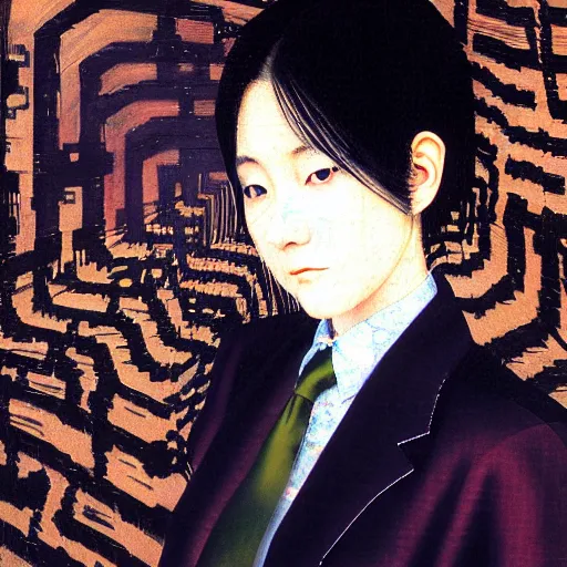 Image similar to yoshitaka amano blurred and dreamy realistic three quarter angle portrait of a young woman with short hair and black eyes wearing office suit with tie, junji ito abstract patterns in the background, shadows on the face, satoshi kon anime, noisy film grain effect, highly detailed, renaissance oil painting, weird portrait angle, blurred lost edges