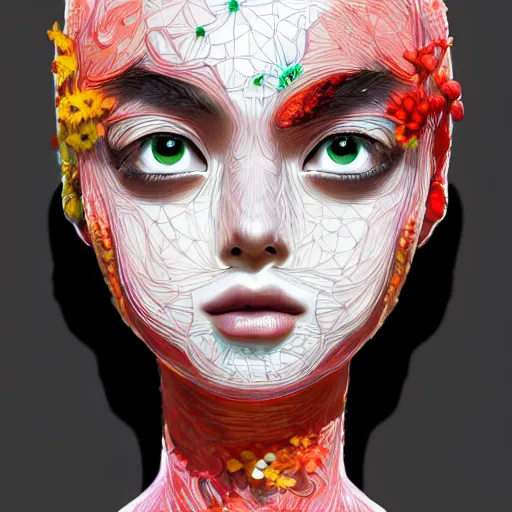 Prompt: the face of a cute and elegant japanese girl partially made of tomatoes and grass, an ultrafine detailed illustration by james jean, final fantasy, intricate linework, bright colors, behance contest winner, vanitas, angular, altermodern, unreal engine 5 highly rendered, global illumination, radiant light, detailed and intricate environment