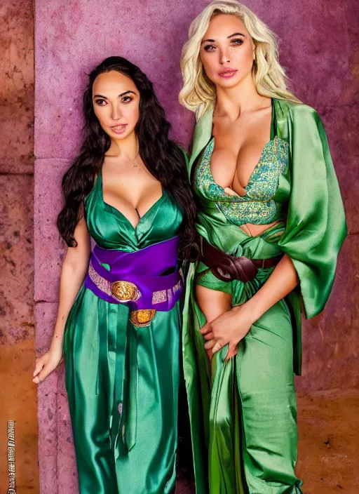 Image similar to portrait of lindsey pelas and gal gadot wearing green kebaya and purple silk belt in a temple, by charlotte grimm, natural light, detailed face, beautiful features, symmetrical, canon eos c 3 0 0, ƒ 1. 8, 3 5 mm, 8 k, medium - format print, half body shot