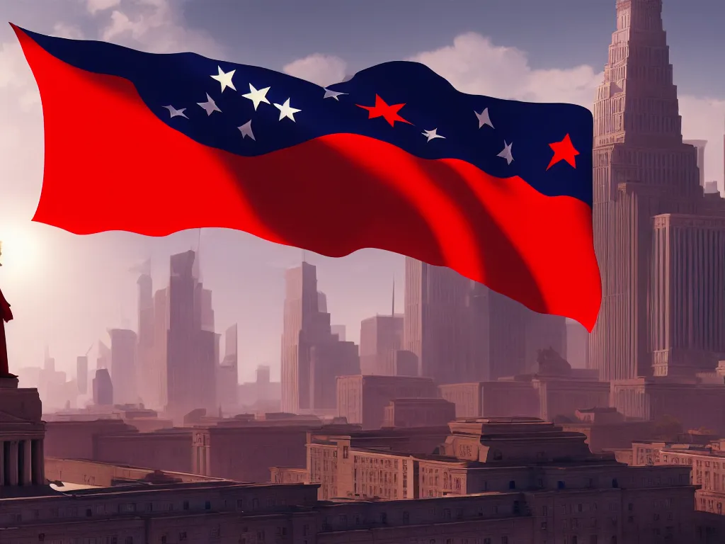 Prompt: landscape matte painting by fan wennan. communist american future capitol shining in the sun after the triumph of socialism in america, highly detailed, artstation, 8 k, photorealistic, hyperrealism, grounded rectangular communist governmental architecture, statue, imposing, strength, abundance. american communist party flag. america 2 0 9 8