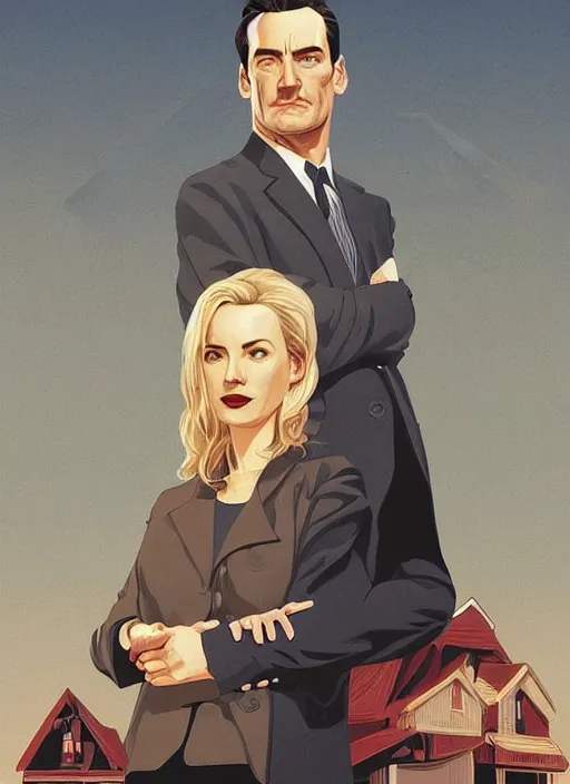 Prompt: Twin Peaks poster artwork by Michael Whelan and Tomer Hanuka, Karol Bak of Naomi Watts Jon Hamm husband & wife portrait, creepy smiles, from scene from Twin Peaks, clean, simple illustration, nostalgic, domestic, full of details